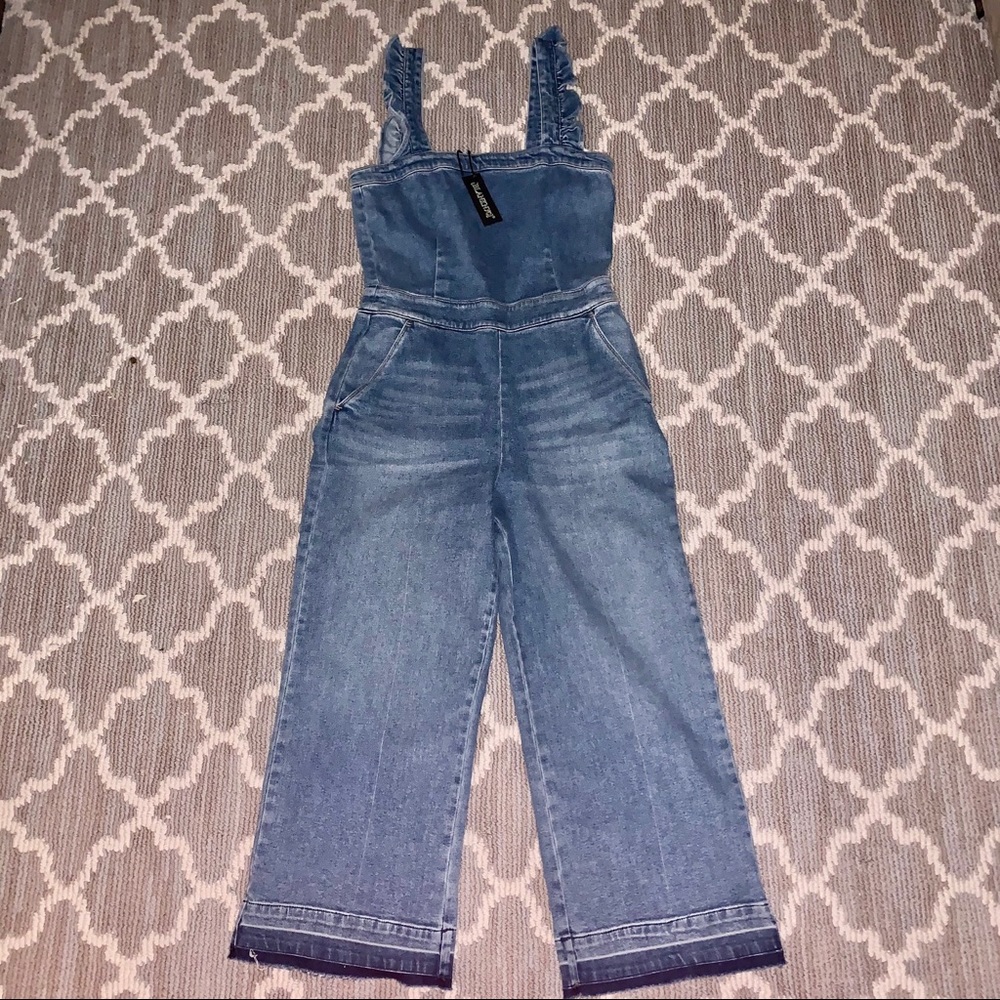 NEVER WORN* Ruffle Denim Jumpsuit